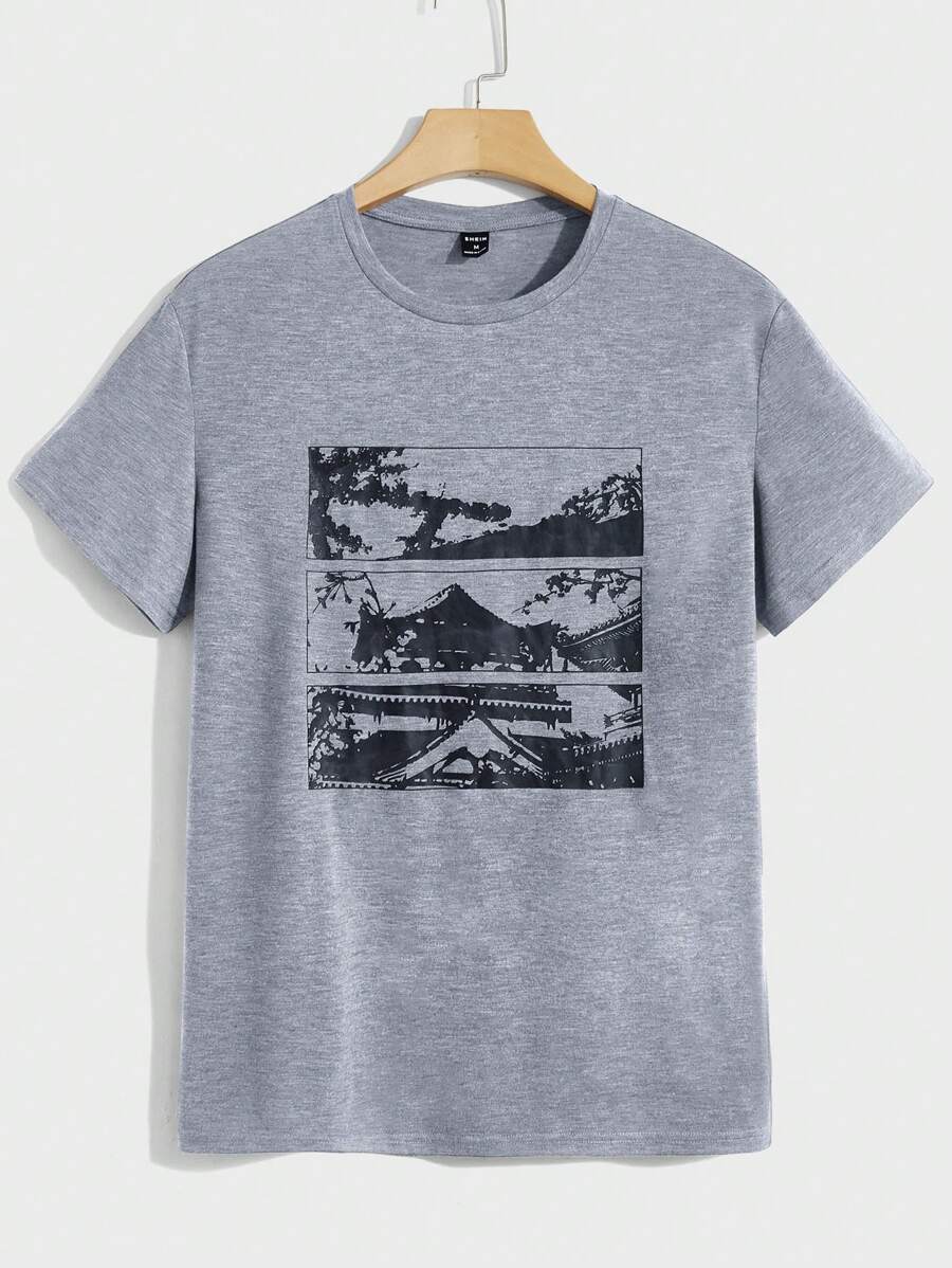 GENTILAND 男士建築物圖案T恤 - 灰色 - 查看 1
