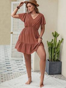 Rusttydustty Vestido casual de talla grande para mujer con cuello en V y cintura, atuendo bohemio para Pascua, playa, festivales de música de Hawái y vacaciones tropicales - Naranja Quemada - Ver 3