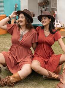 Rusttydustty Vestido casual de talla grande para mujer con cuello en V y cintura, atuendo bohemio para Pascua, playa, festivales de música de Hawái y vacaciones tropicales - Naranja Quemada - Ver 6