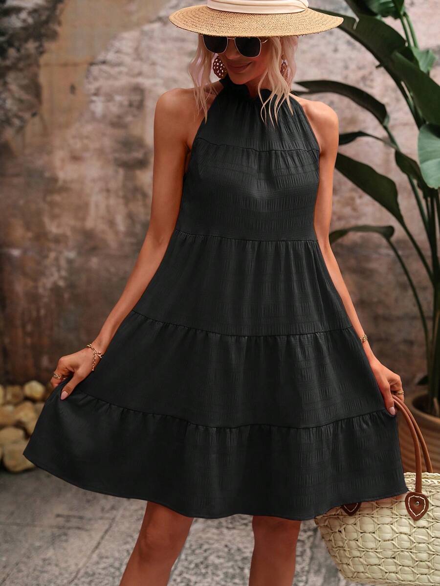 SHEIN VCAY Đầm Viên lá sen viền lá sen màu trơn Giải trí - màu đen - Xem 1