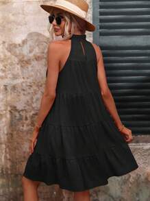 SHEIN VCAY Đầm Viên lá sen viền lá sen màu trơn Giải trí - màu đen - Xem 2