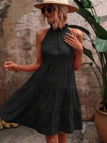 SHEIN VCAY Đầm Viên lá sen viền lá sen màu trơn Giải trí - màu đen - Xem 3