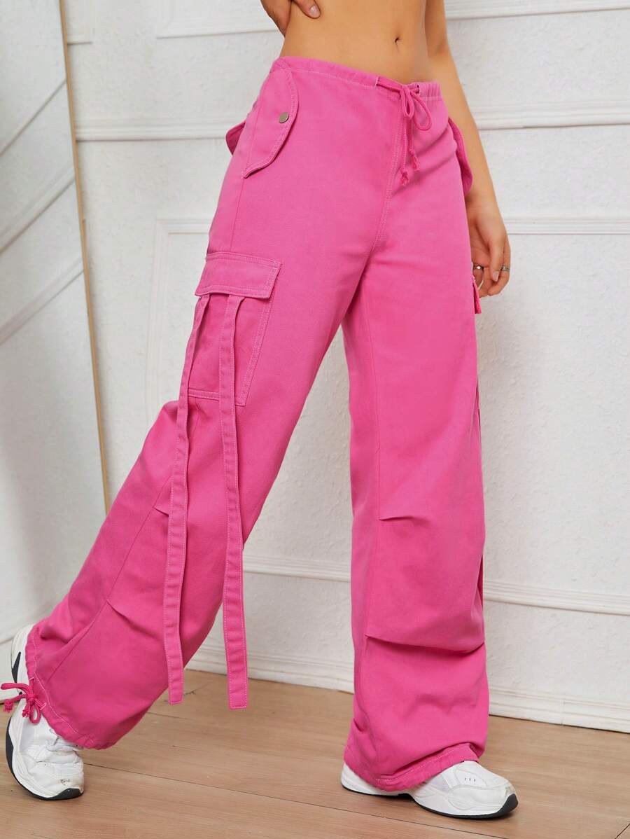 SHEIN EZwear Flap Pocket Side Drawstring Waist Cargo Jeans - Hot Pink - View 1