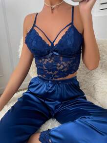Bow Front Lace Cami Top & Satin Pants PJ Set / Pajama Set