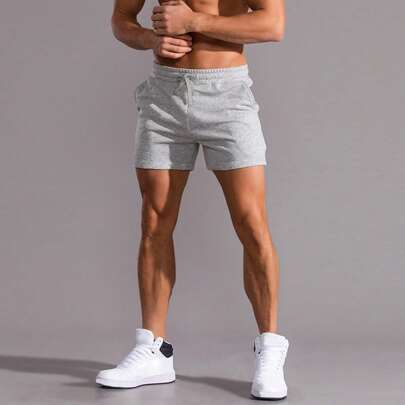 Men Drawstring Waist Shorts Jogger Plain Light Grey Gym Athletic