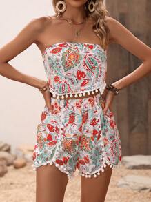 SHEIN VCAY Paisley Print Pom-pom Trim Bandana Hem Tube Top & Shorts - Multicolor - View 3