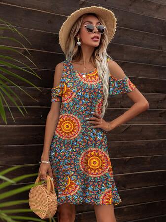 DEARCASE فساتين طباعة ماندالا كتف بارد