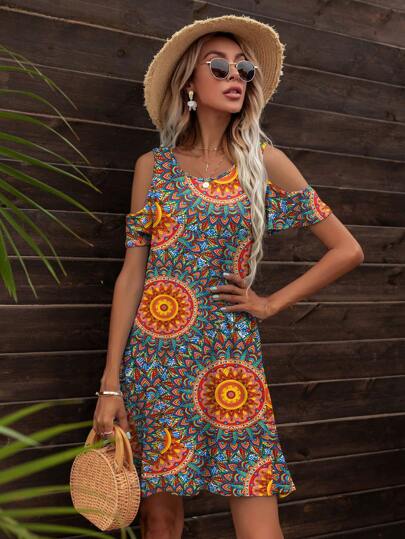 DEARCASE فساتين طباعة ماندالا كتف بارد