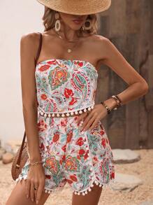 SHEIN VCAY Paisley Print Pom-pom Trim Bandana Hem Tube Top & Shorts - Multicolor - View 5