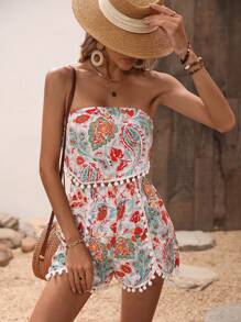 SHEIN VCAY Paisley Print Pom-pom Trim Bandana Hem Tube Top & Shorts - Multicolor - View 6