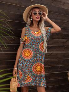 DEARCASE Mandala Print Cold Shoulder Dress - Multicolor - View 3
