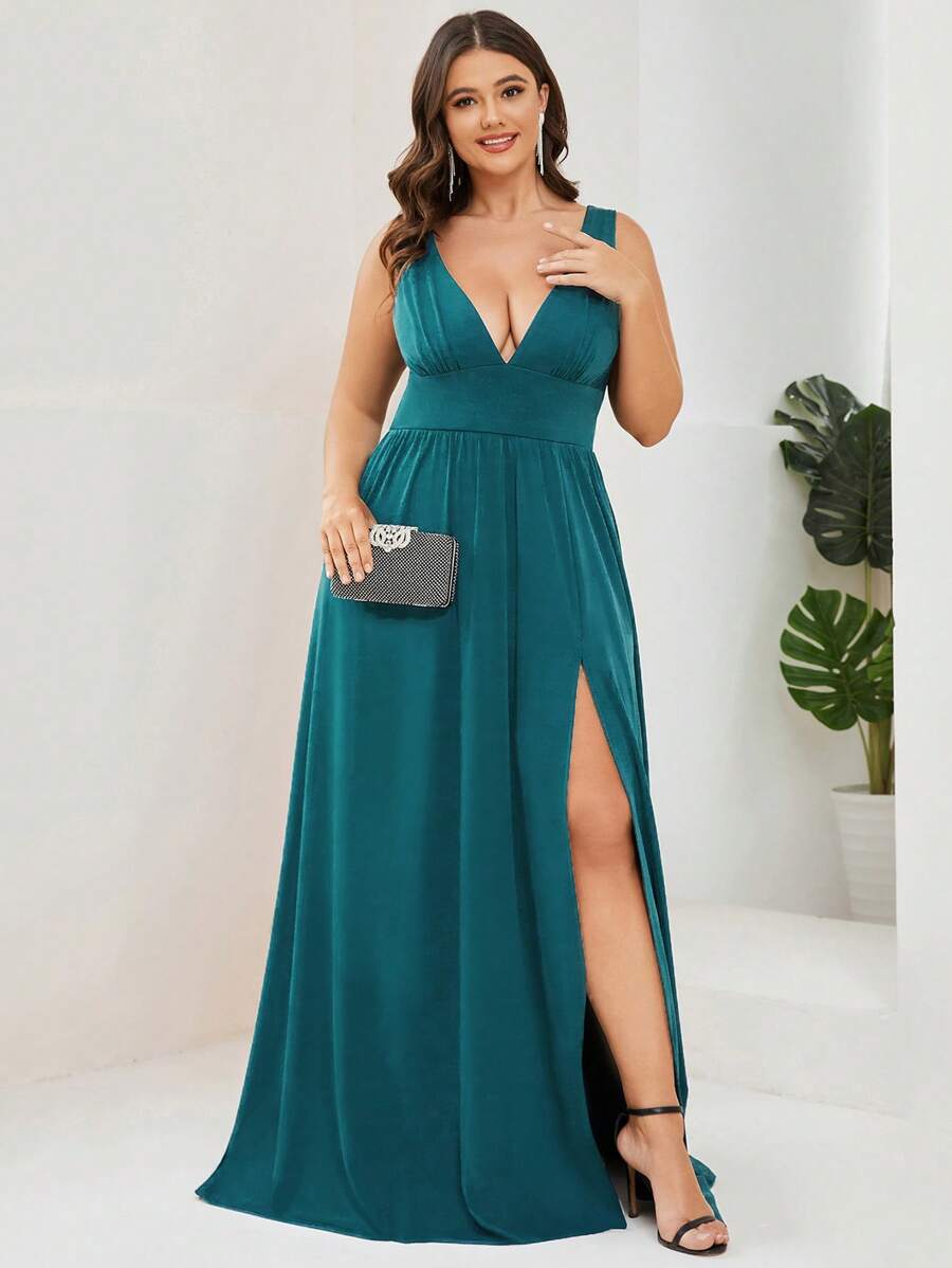 EVERPRETTY Plus Plunge Neck Split Thigh Maxi Dress - Teal Blue - View 1