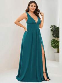 EVERPRETTY Plus Plunge Neck Split Thigh Maxi Dress - Teal Blue - View 3