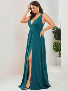 EVERPRETTY Plus Plunge Neck Split Thigh Maxi Dress - Teal Blue - View 4