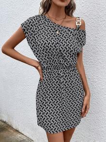 SHEIN LUNE Allover Print Asymmetrical Neck Dress - Black - View 3