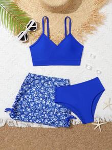 青少年女孩花卉印花比基尼套装搭配沙滩裙夏日海滩 - 藍色 - 查看 1