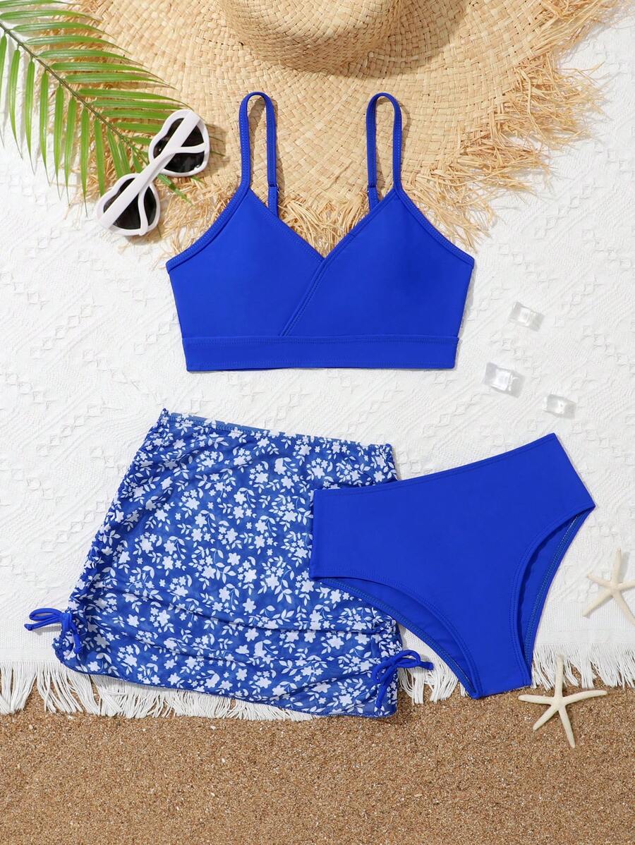 青少年女孩花卉印花比基尼套装搭配沙滩裙夏日海滩 - 藍色 - 查看 1