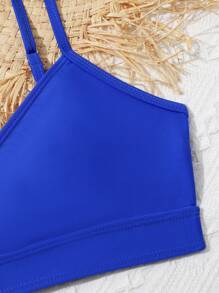 青少年女孩花卉印花比基尼套装搭配沙滩裙夏日海滩 - 藍色 - 查看 4