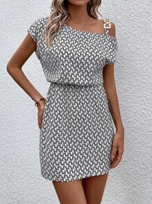 SHEIN Clasi 滿版印花不對稱領洋裝 - 白色 - 查看 1