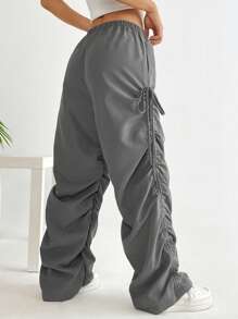 SHEIN Unity Solid Drawstring Waist Stacked Trousers - Grey - View 2