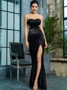 LOVE&LEMONADE Backless Split Thigh Sequin Maxi Tube Dress - Black - View 1