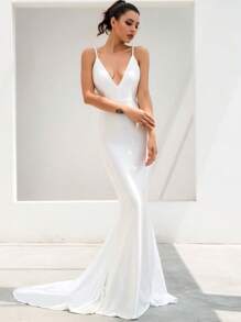 LOVE&LEMONADE Ruched Detail Backless Floor Length Slip Mermaid Dress, White Formal Evening Prom Dress, For Wedding Guest, Graduation, Dinner, Party Dress, Gown - White - View 2