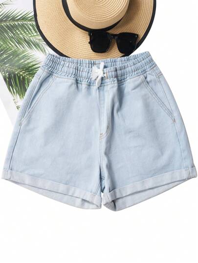 Drawstring Waist Roll Hem Denim Shorts