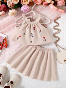 SHEIN Áo dây và váy thêu hoa cho bé gái - Màu be - Xem 1