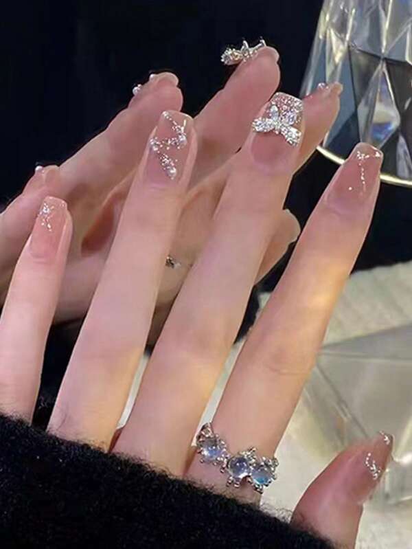 Transform Your Nails With 24pcs Short Square 3D Butterfly Rhinestone Pearl Glitter Powder Fake Nail & 1sheet Tape & 1pc Nail File Press On Nails Nail Supplies