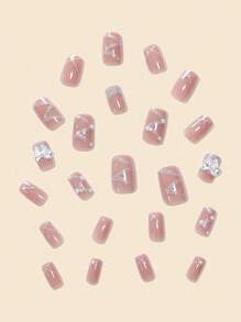 24入組短款正方形3D蝴蝶鑽珠閃粉人造美甲，附贈1張膠帶及1片指甲文件，按壓式美甲，美甲用品 - 彩色 - 查看 4