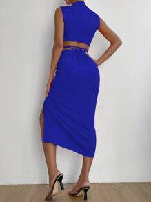 SHEIN Unity Women Two-piece Outfits Criss Cross Kolor Tie Back Split Thigh Plain Seksi - Biru - View 2