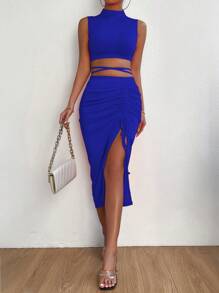 SHEIN Unity Women Two-piece Outfits Criss Cross Kolor Tie Back Split Thigh Plain Seksi - Biru - View 3
