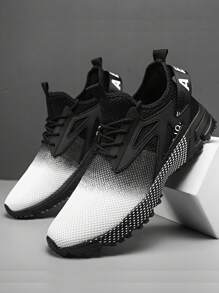 男士时尚街头风格跑步鞋，减震舒适防滑系带耐用运动鞋，适合户外活动 - 黑與白 - 查看 2