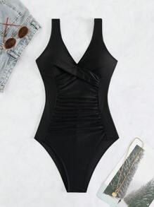 SHEIN Swim 素色褶邊褶邊連體泳衣 - 黑色 - 查看 3