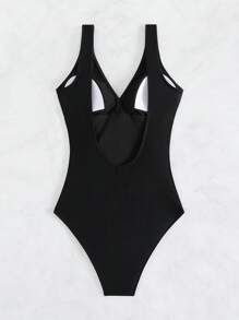 SHEIN Swim 素色褶邊褶邊連體泳衣 - 黑色 - 查看 4