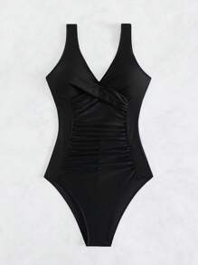 SHEIN Swim 素色褶邊褶邊連體泳衣 - 黑色 - 查看 5