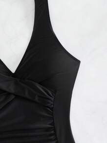 SHEIN Swim 素色褶邊褶邊連體泳衣 - 黑色 - 查看 6