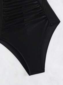 SHEIN Swim 素色褶邊褶邊連體泳衣 - 黑色 - 查看 7