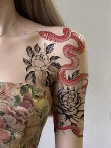 1sheet Floral & Snake Pattern Waterproof Long Lasting Tattoo Sticker - Multicolor - View 1