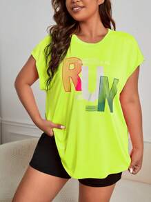 SHEIN Daily&Casual Plus Letter Graphic Batwing Sleeve Sports Tee - Lime Green - View 1