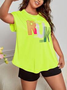 SHEIN Daily&Casual Plus Letter Graphic Batwing Sleeve Sports Tee - Lime Green - View 3