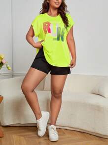 SHEIN Daily&Casual Plus Letter Graphic Batwing Sleeve Sports Tee - Lime Green - View 5