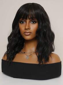 16 Inch Heat Resistant Wig Women's Short Wavy Hair Natural Black Bangs Wig For Daily Wear Natural Hair Casual Party Outfit Wig Cosplay