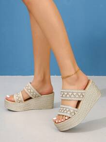 度假坡跟涼鞋適用於女士鋸齒圖案編織細節坡跟涼鞋 - 米色 - 查看 2