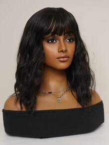 16 Inch Heat Resistant Wig Women's Short Wavy Hair Natural Black Bangs Wig For Daily Wear Natural Hair Casual Party Outfit Wig Cosplay