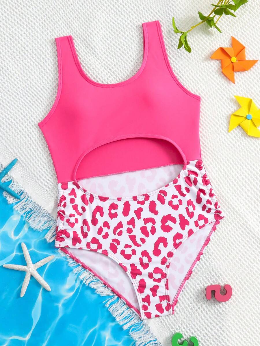 Girls Leopard Print Cut Out One Piece Swimsuit - Multicolor - View 1