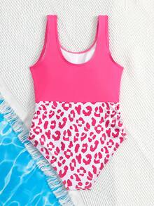 Girls Leopard Print Cut Out One Piece Swimsuit - Multicolor - View 2
