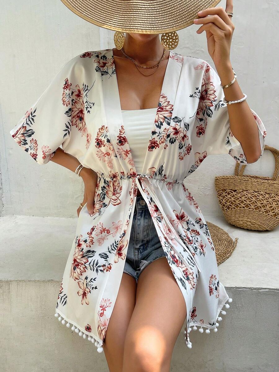 Floral Print Pom Pom Trim Drawstring Waist Kimono - White - View 1