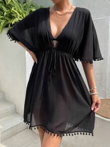 Swim Vcay Pom Pom Trim Tie Front Cover Up Swimsuit Cover Up Dress,Summer Beach - Black - View 3