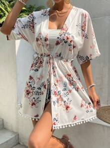 Floral Print Pom Pom Trim Drawstring Waist Kimono - White - View 5